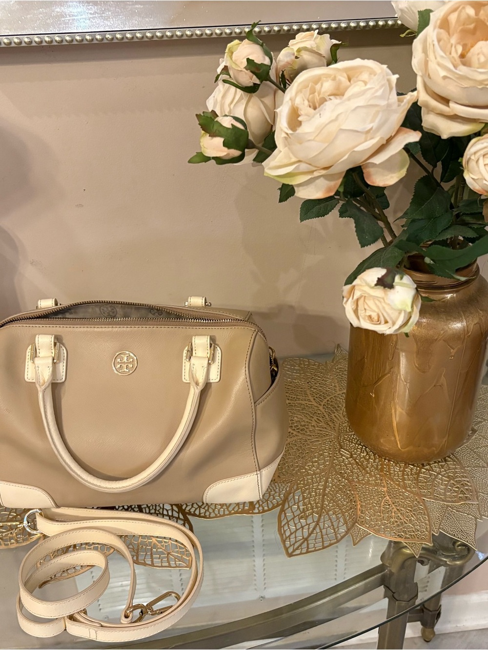 Tory Burch Beige and Cream Leather Satchel with Detachable Strap